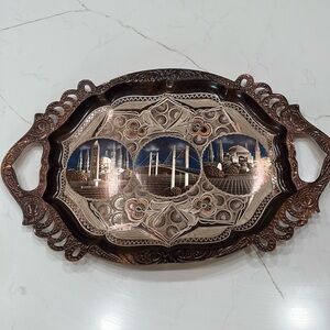 Vintage turkish copper wall tray. Hand etched with Istanbul landmarks